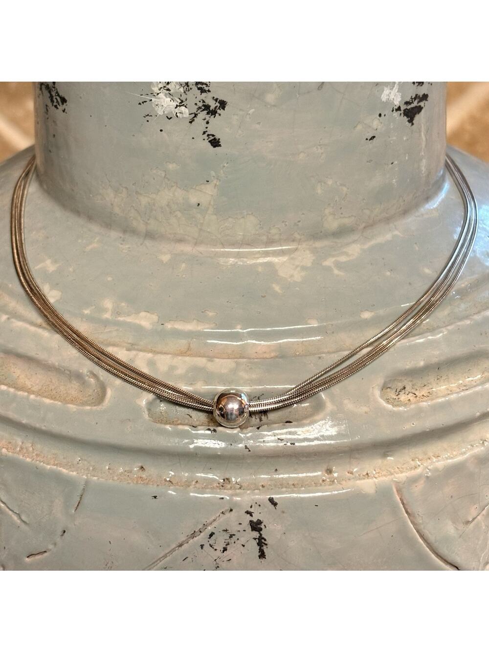 Sterling Silver Three Strand Necklace w/ Ball in Center Made in Italy 18 Inches
